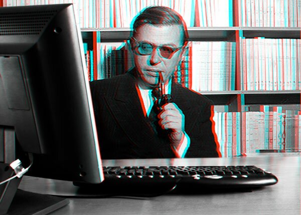 Anaglyphic Jean-Paul Sartre enjoys Swell 3D on his desktop computer