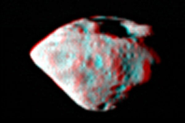 3-D anaglyph image of Steins asteroid, shot by ESA's Rosetta Space Probe on Sept. 5, 2008