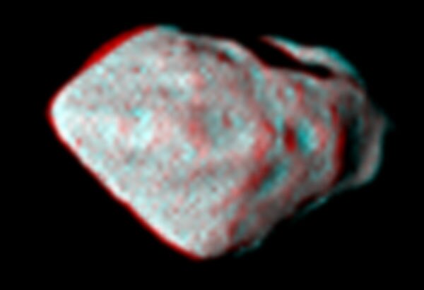 3-D anaglyph image of Steins asteroid, shot by ESA's Rosetta Space Probe on Sept. 5, 2008