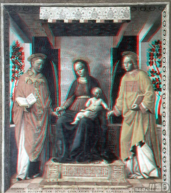 Saint Faustinus and Saint Jovita with Virgin Mary and Christ child in 3-D anaglyph